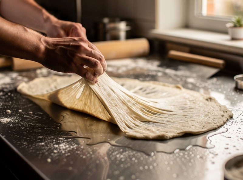 A baker laminating sourdough dough by stretching it into a thin translucent sheet on a wet kitchen counter before folding it back up