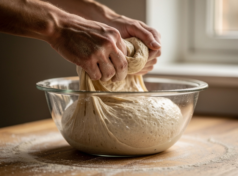 Hands performing a gentle coil fold on a slack high-hydration sourdough dough in a glass bowl, lifting the dough to build tension without degassing