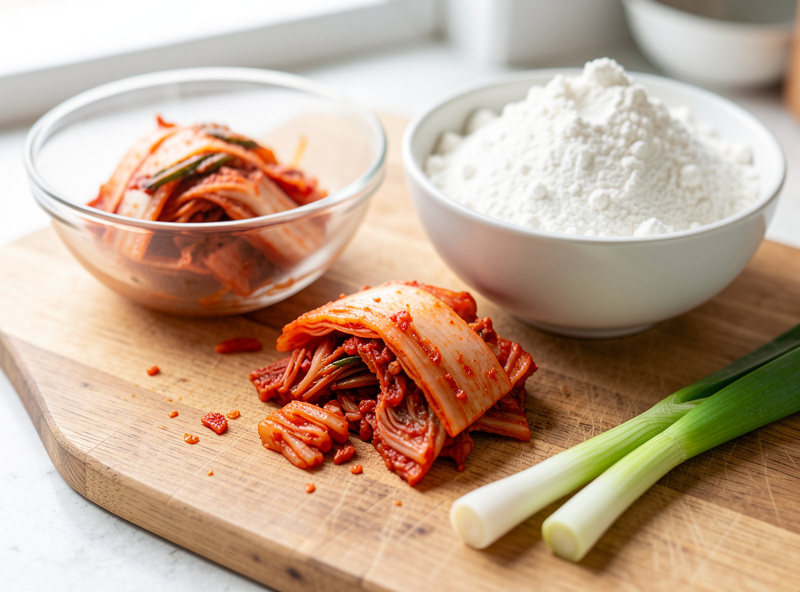 Aged sour red kimchi being chopped on a wooden board next to a bowl of flour, ready to make kimchi pancake