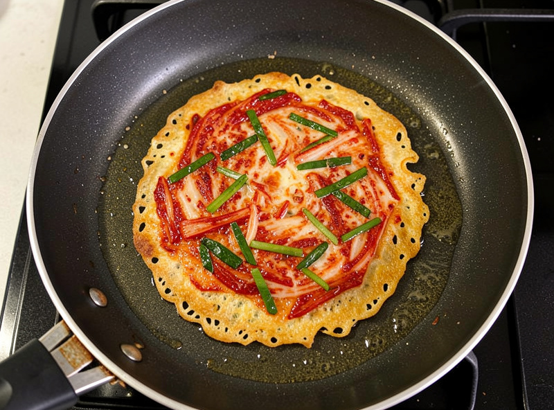 A golden crisp kimchi pancake frying in a hot oiled pan, edges turning lacy and brown, scallions visible in the batter