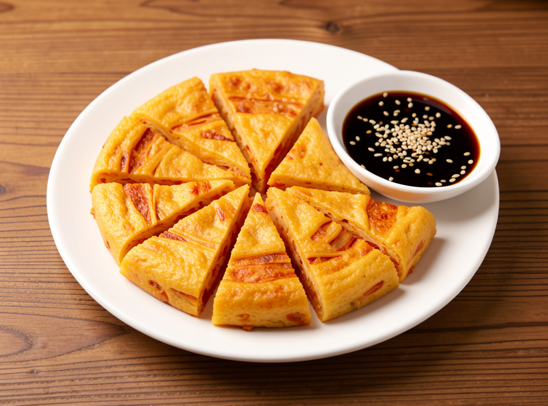 A plate of golden kimchi pancake cut into wedges beside a small bowl of soy-vinegar dipping sauce with sesame seeds, served on a table
