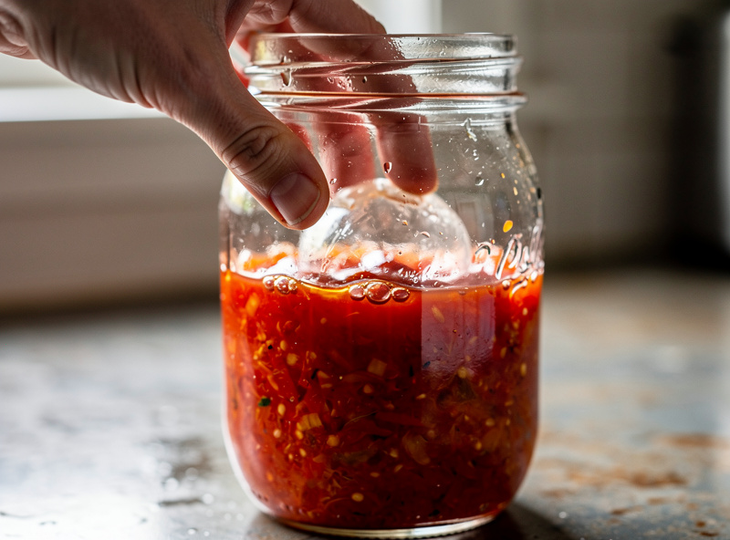 A hand pressing a glass weight down into a jar of fermenting red pepper mash to keep it submerged below the liquid line