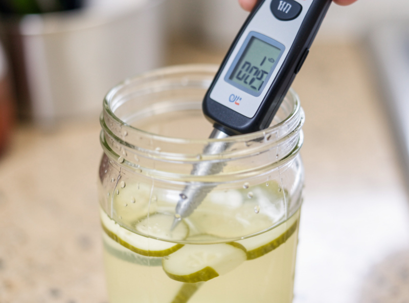 A digital pH meter probe reading the acidity of vinegar pickling brine in a glass jar