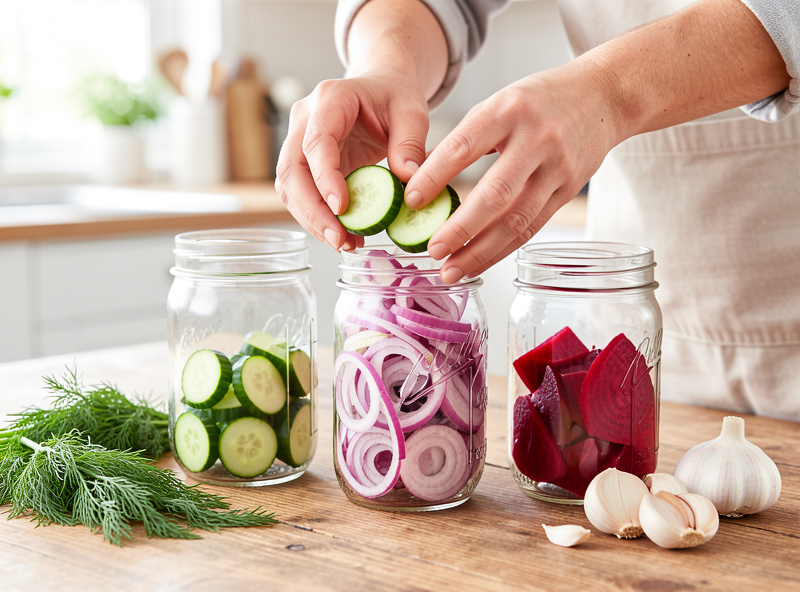 Sliced cucumbers, red onion, and beets being packed into clean glass jars for pickling