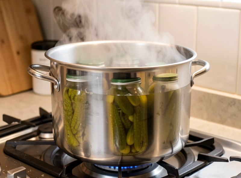 A water bath canner with glass jars of pickles being processed on a stovetop