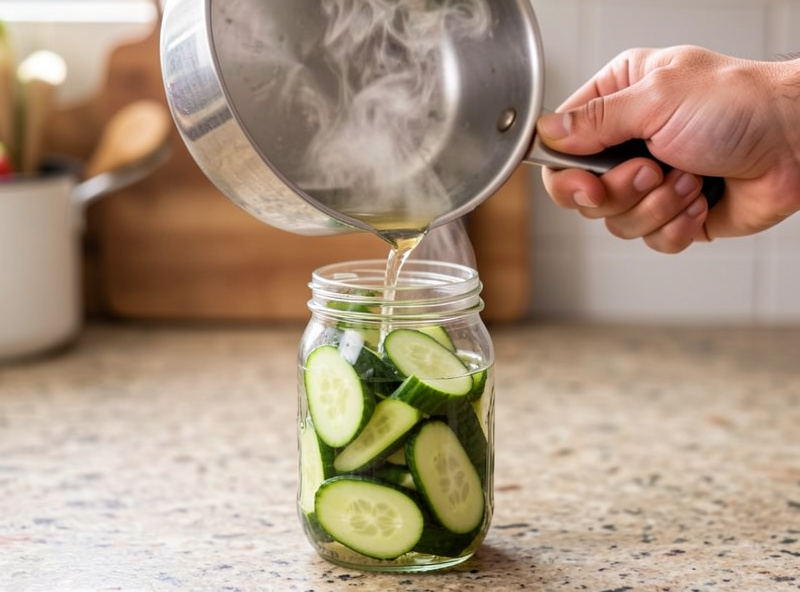 A hand pouring hot vinegar brine over cucumber spears in a glass jar