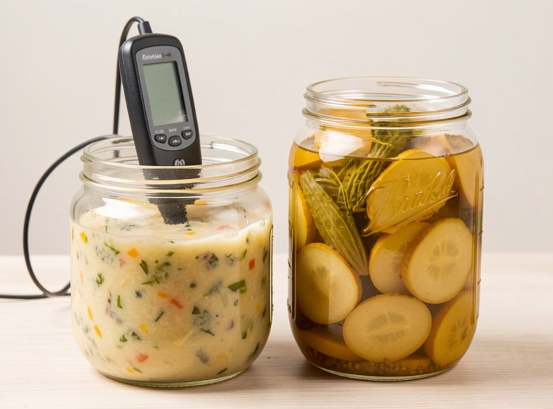 A pH meter reading the acidity of fermented vegetable brine next to a jar of vinegar pickles