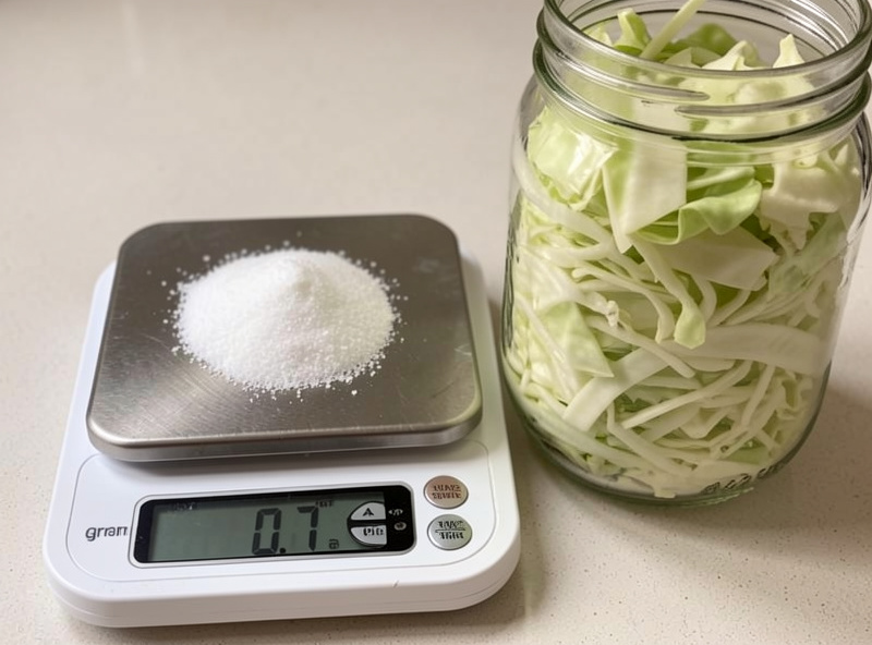 A 0.1 gram kitchen scale weighing salt next to a wide-mouth quart jar of shredded cabbage