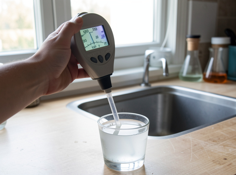 A salinity refractometer held to the light showing a brine reading next to a digital pH meter