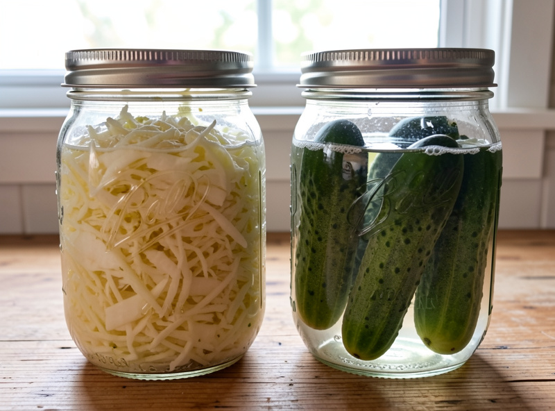 Two quart jars side by side, one with dry-salted cabbage releasing brine, one with cucumbers submerged in clear salt brine