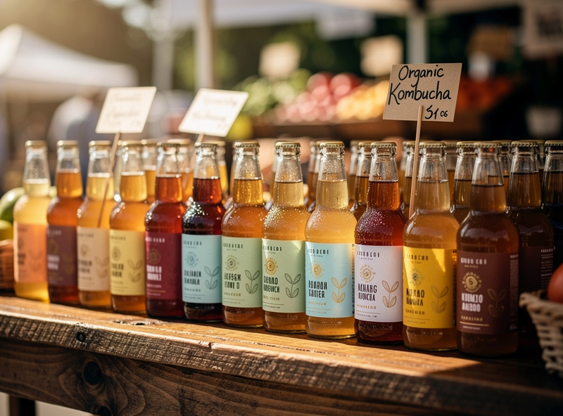 Bottles of kombucha with labels arranged on a market stall table