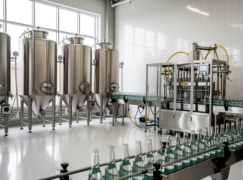 A commercial kitchen with stainless equipment used for producing kombucha for sale