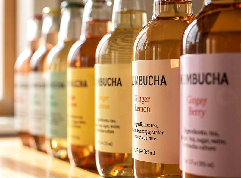 Labeled glass kombucha bottles with ingredient and net-content labels ready for sale