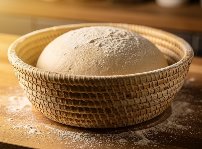 A round cane banneton proofing basket dusted with flour holding a shaped sourdough boule during its final proof on a kitchen counter