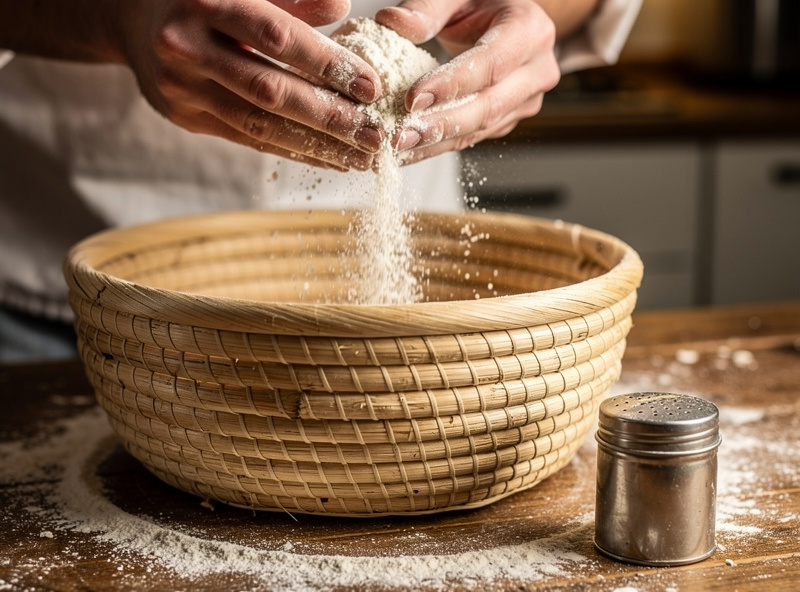 A baker dusting rice flour into the grooves of a cane banneton proofing basket before placing a shaped dough inside, flour shaker nearby