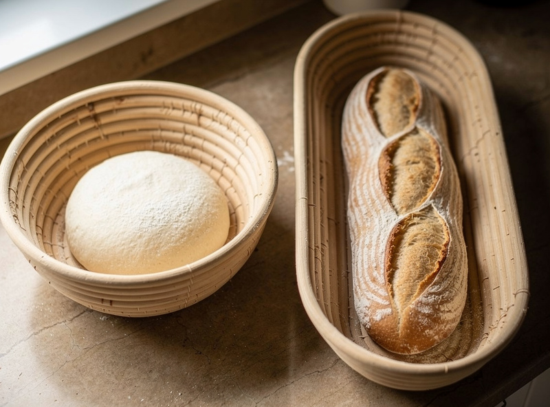 A round and an oval cane banneton side by side holding shaped boule and batard doughs, showing how basket shape matches loaf shape