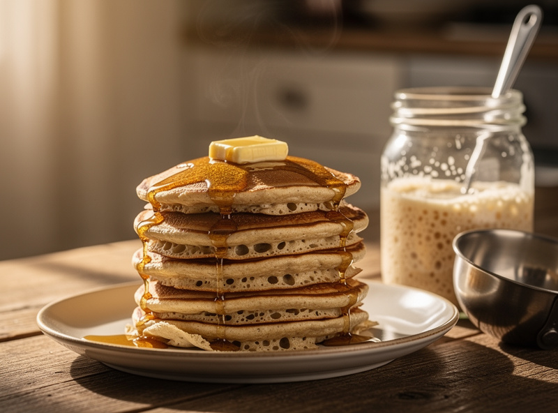 A stack of golden sourdough discard pancakes on a plate beside a jar of sourdough discard and a ladle, warm breakfast scene on a wooden table