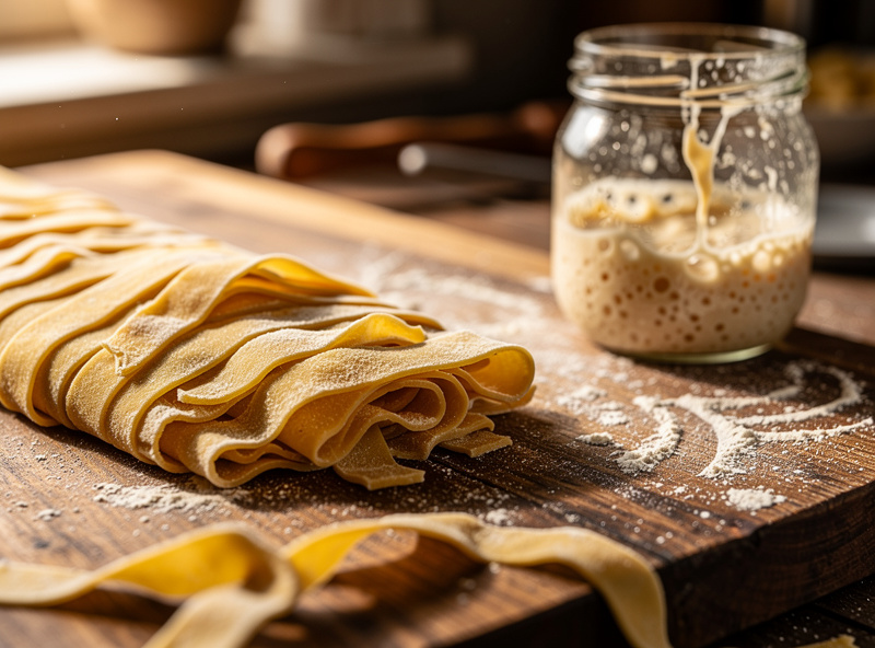 Fresh sourdough discard pasta dough rolled into thin sheets and cut into strips on a flour-dusted wooden board, with a jar of discard nearby