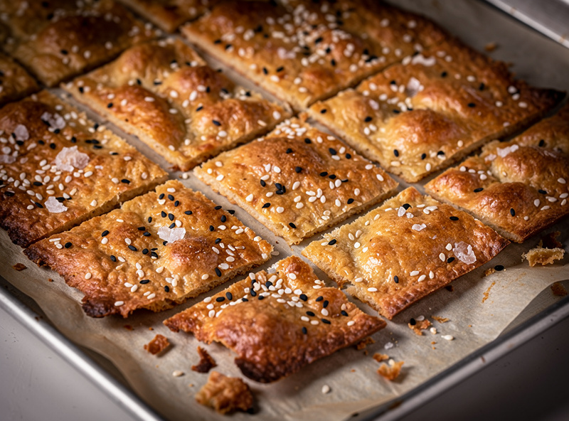 Thin crisp sourdough discard crackers scored into squares and scattered with seeds and salt, cooling on a parchment-lined baking tray