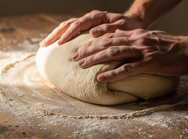 A firm 65 percent hydration sourdough dough being shaped by hand on a lightly floured counter, smooth and holding its shape without sticking