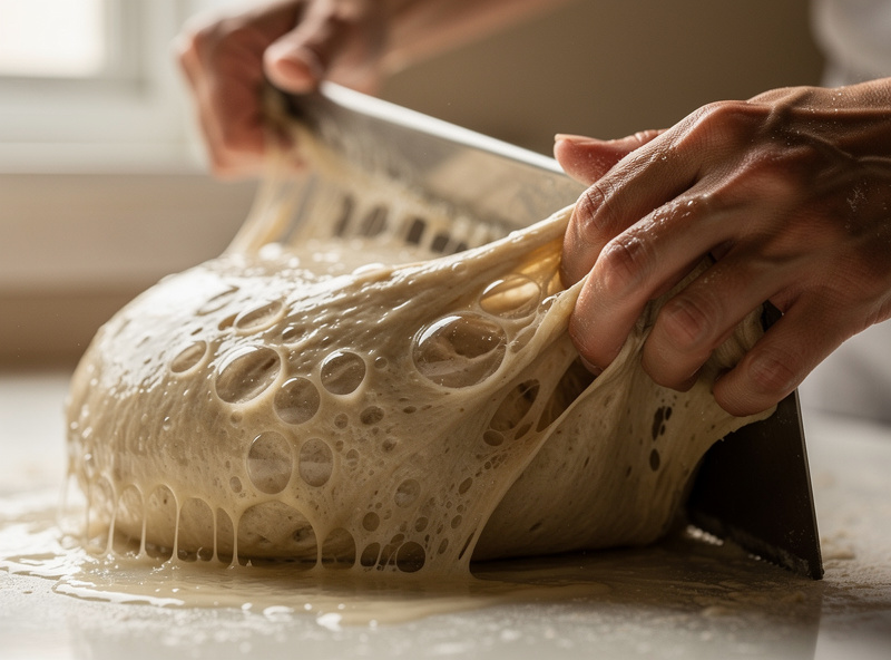 A very wet 85 percent hydration sourdough dough being handled with wet hands and a bench scraper, slack and glossy, showing large bubbles