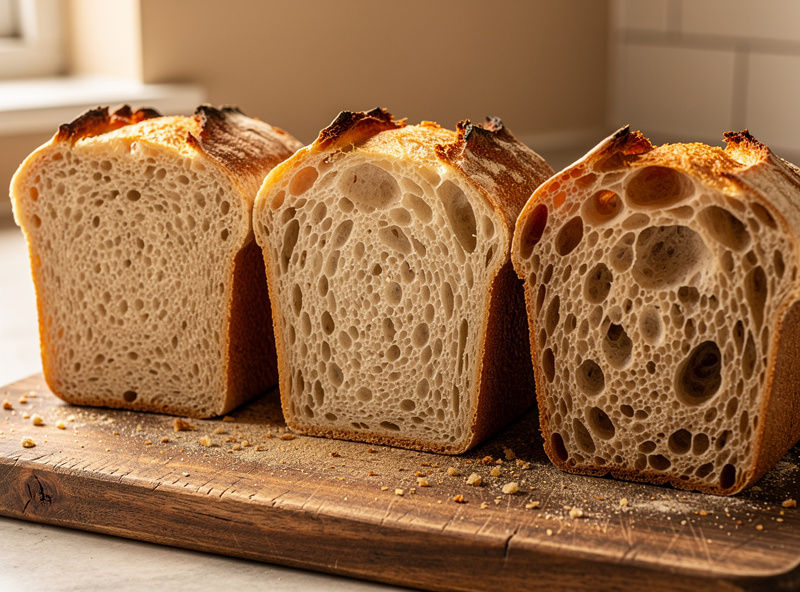 Three baked sourdough loaves sliced side by side showing tight, moderate, and open crumb structures from low to high hydration, on a wooden board