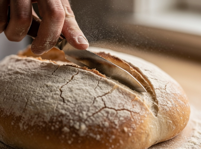 A baker scoring a cold sourdough loaf with a bread lame, the razor blade making a clean curved slash across the floured dough surface