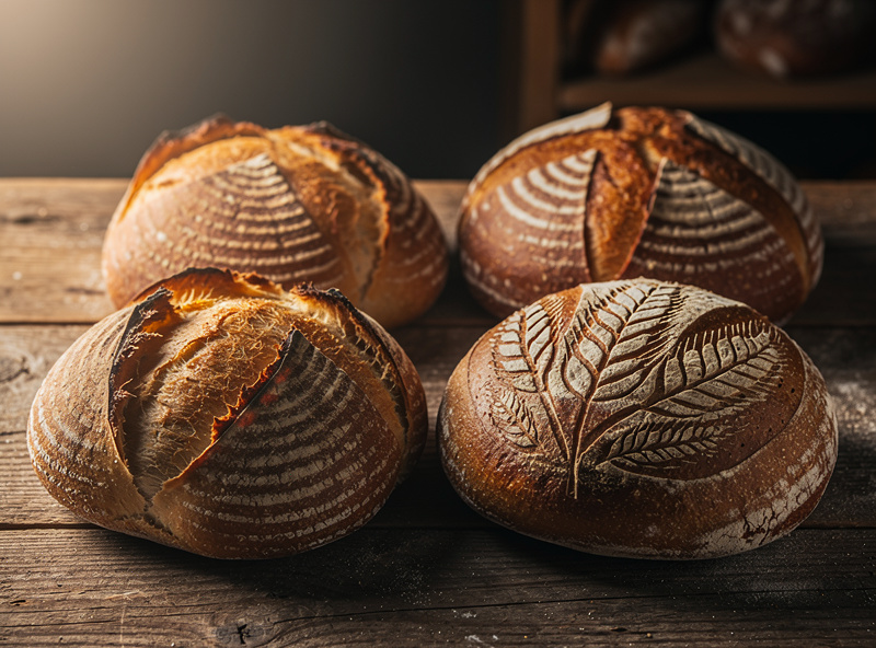 Several baked sourdough loaves displaying different scoring patterns including a single ear slash, a wheat stalk, a cross, and a leaf design