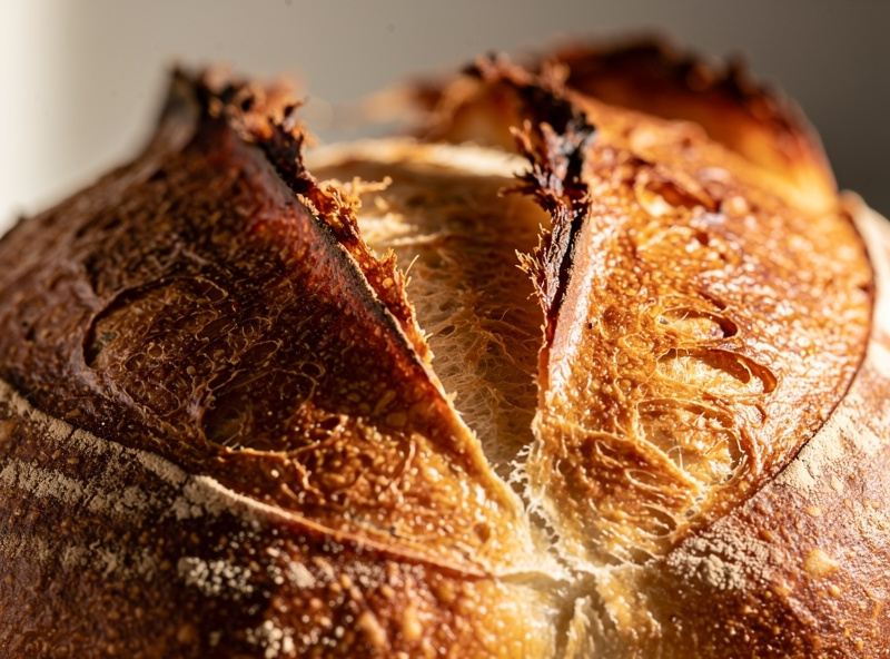 Close-up of a baked sourdough loaf showing a tall raised crisp ear lifting along a single angled score line, golden crust detail