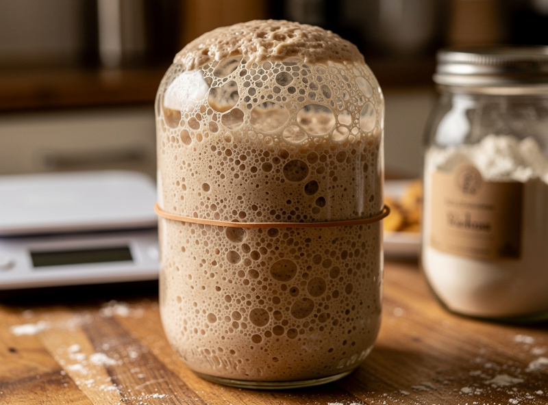 A glass jar of active counter-stored sourdough starter at peak, doubled and domed with a rubber band marking the start line, beside a digital scale and a jar of flour