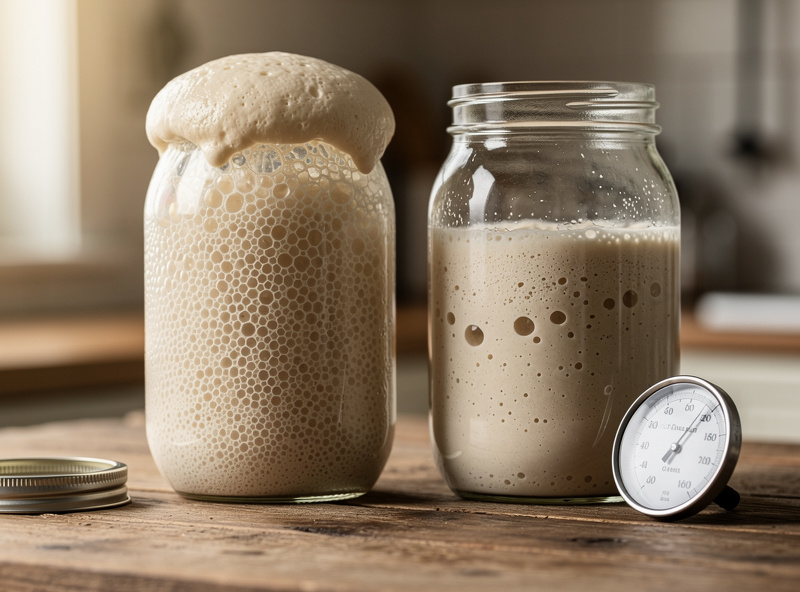 Two side-by-side jars of sourdough starter fed at different ratios, one at peak and domed, one still climbing, on a wooden kitchen counter with a thermometer