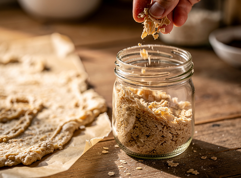 Dried sourdough starter flakes crumbled into a small glass jar beside a sheet of parchment, prepared as a freezer backup culture