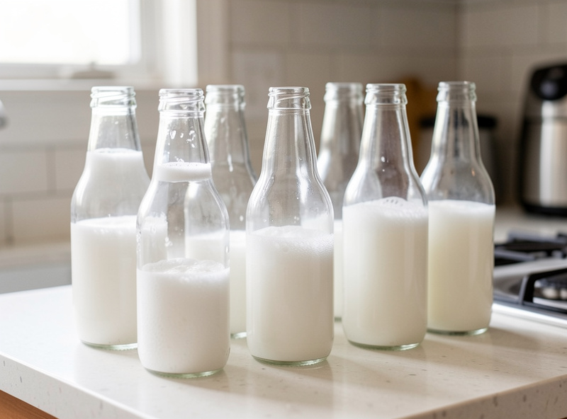 Glass bottles being sanitized with a no-rinse brewing sanitizer solution before bottling