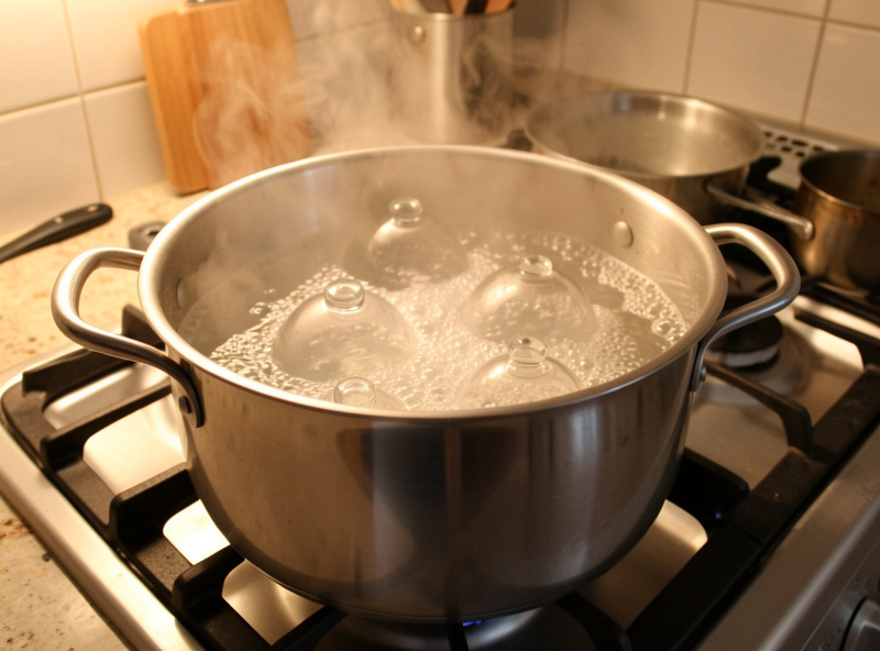 A stockpot of boiling water with glass fermentation weights being heat-sanitized on the stove
