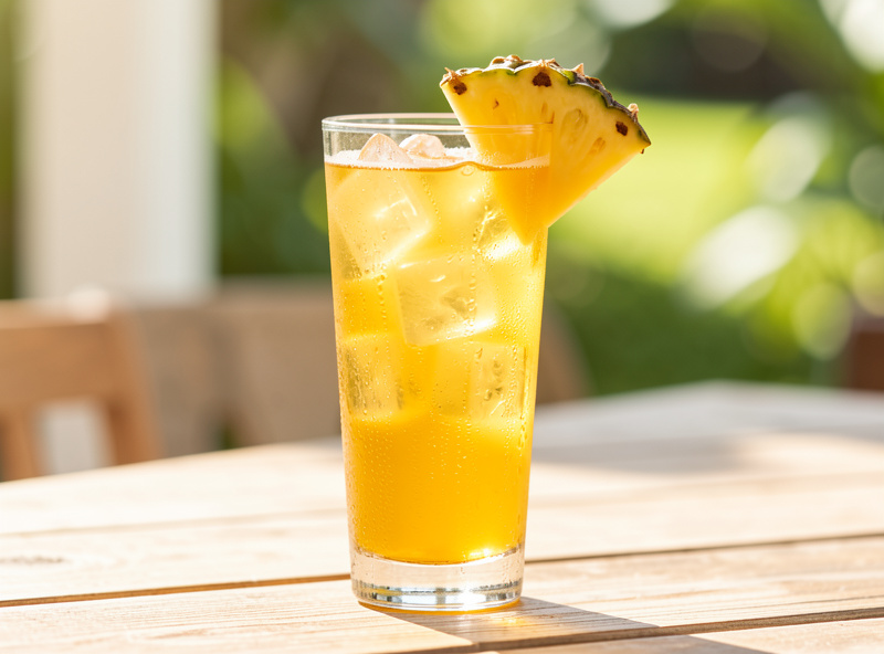 A glass of golden tepache over ice with a wedge of pineapple and visible bubbles, on a sunny table