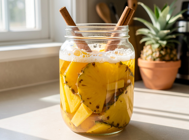 A large glass jar of golden tepache fermenting with pineapple peels, a cinnamon stick, and a froth of bubbles on top