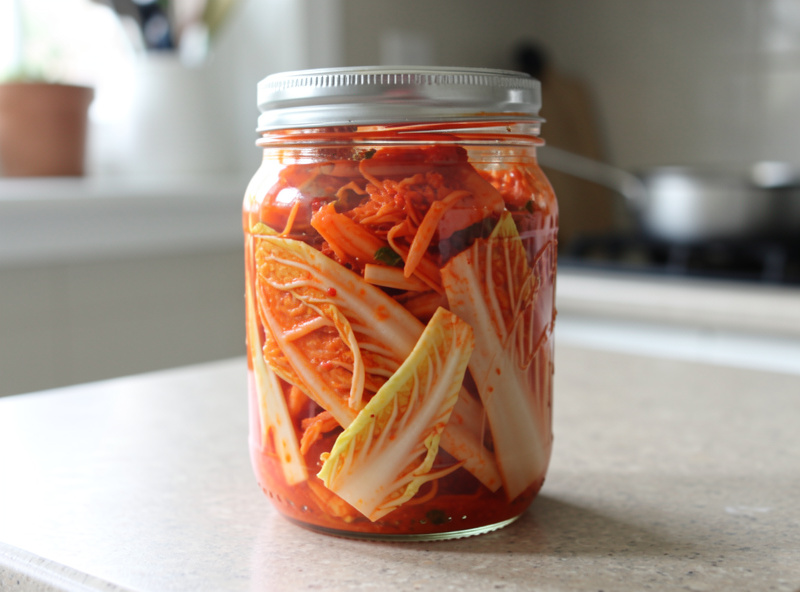 Finished vegan kimchi packed into a glass jar showing bright red paste-coated napa cabbage made without fish sauce, on a kitchen counter