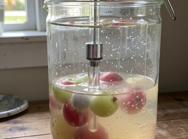 A hydrometer floating in a test jar of cloudy fermenting fruit must during the alcoholic stage