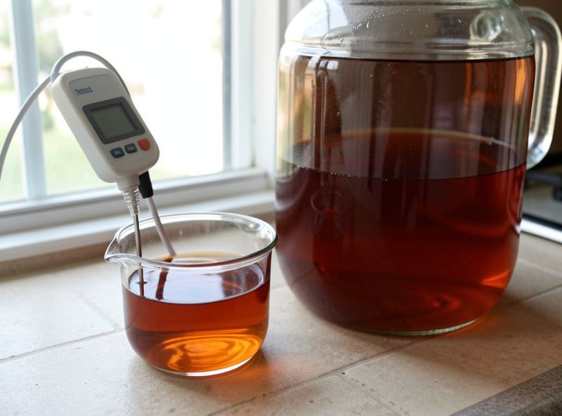 A pH meter probe reading the acidity of amber vinegar in a beaker next to a wide brewing jar