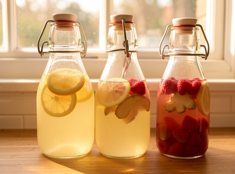 Finished water kefir in swing-top bottles with fresh fruit and lemon slices for second fermentation, bright kitchen light