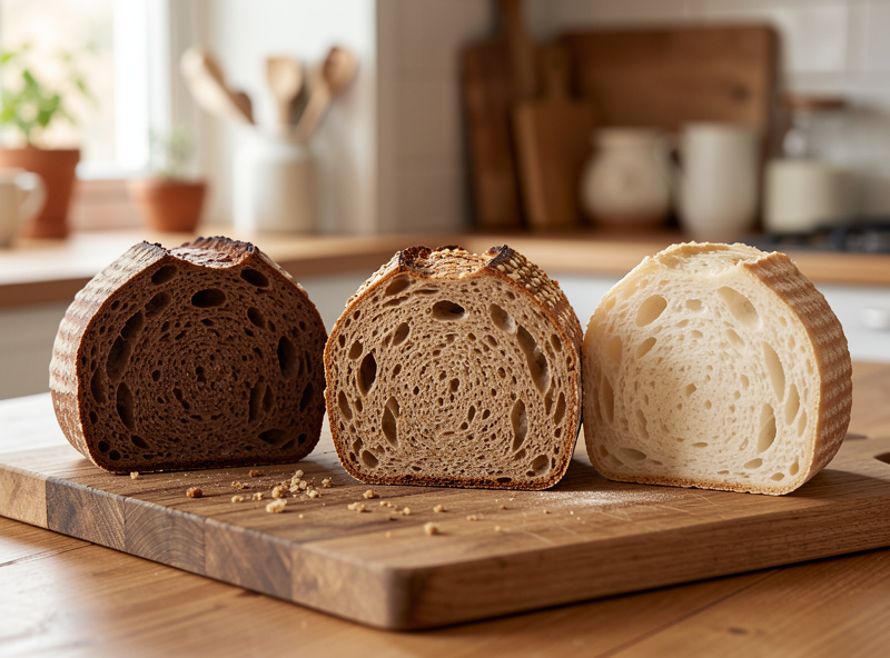 Three wild-yeast loaves cut to show crumb: dark rye, whole wheat, and white, on a wooden board