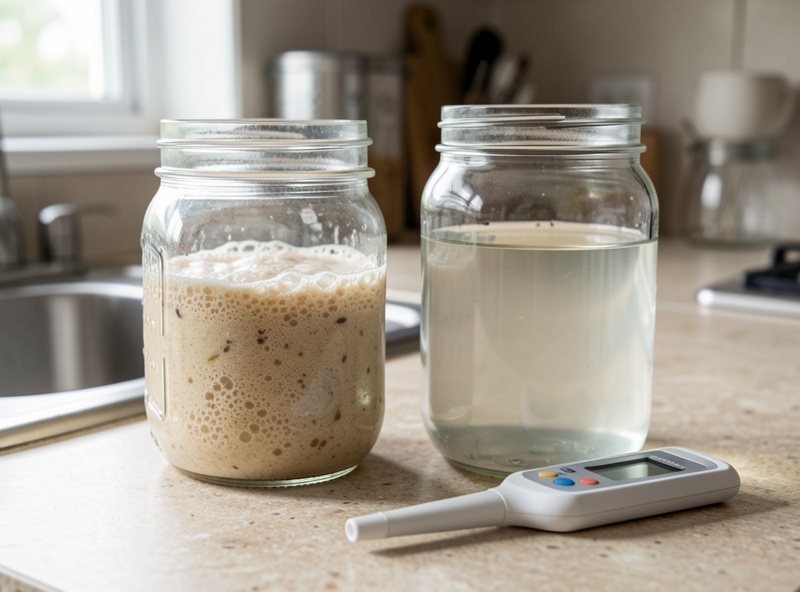 A jar of active flour sourdough starter beside a jar of raisin yeast water with a pH meter probe