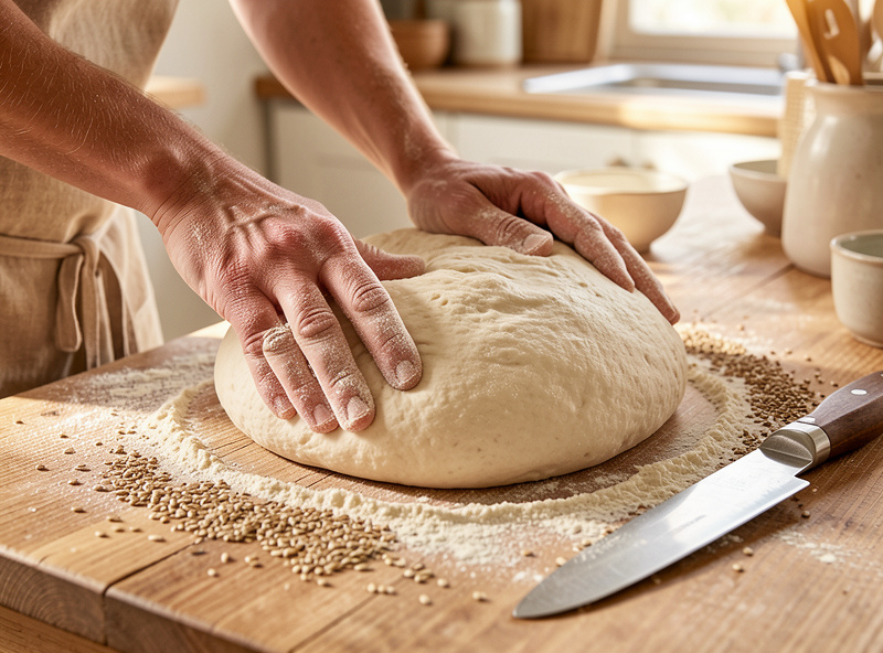 Flour-dusted hands shaping a high-hydration wild-yeast dough with a bench scraper and lame nearby