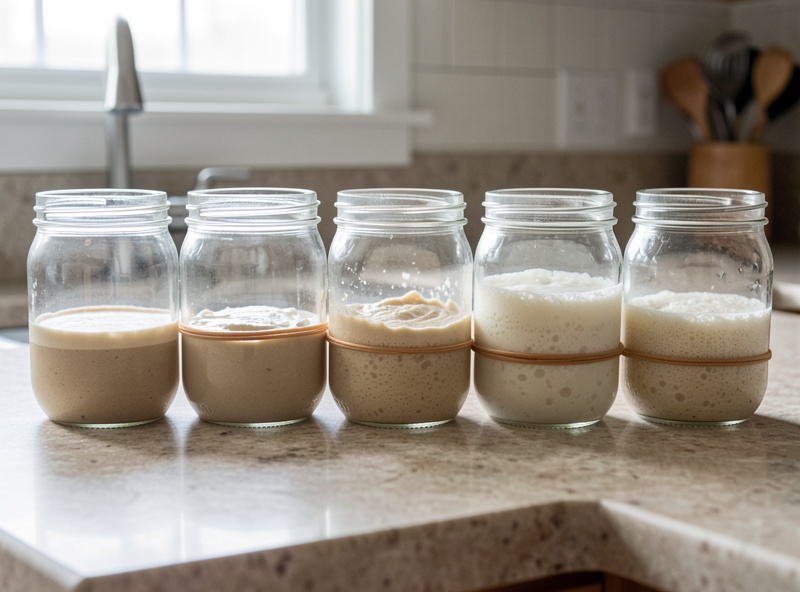 A row of jars showing a sourdough starter developing from flat paste to bubbly culture over seven days