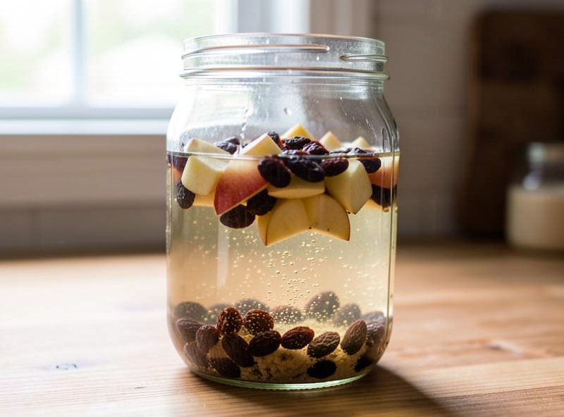 A jar of raisins and apple pieces fermenting in water to make wild yeast water
