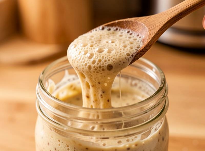 A wooden spoon lifting a strand of active bubbly sourdough starter from a glass jar
