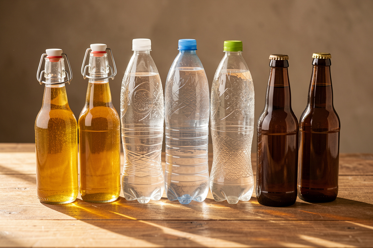 An array of swing-top glass, PET plastic, and capped beer bottles for fermented soda