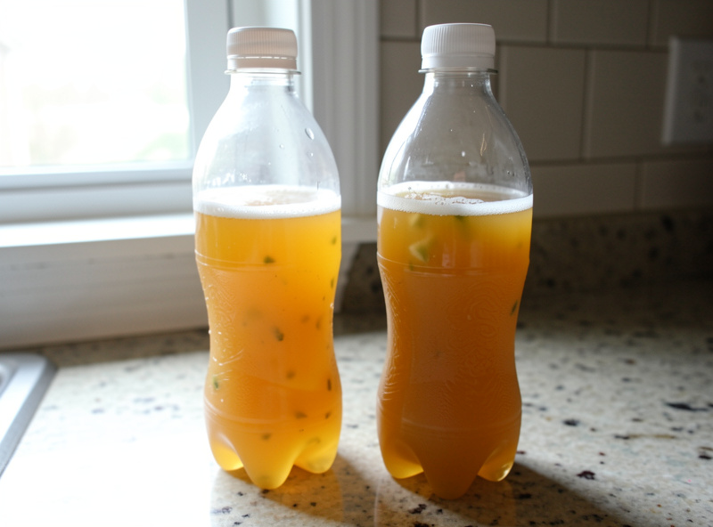 Two clear PET plastic soda bottles filled with fermented soda, one squeezed firm