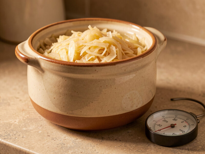 A crock of sauerkraut fermenting at ideal room temperature