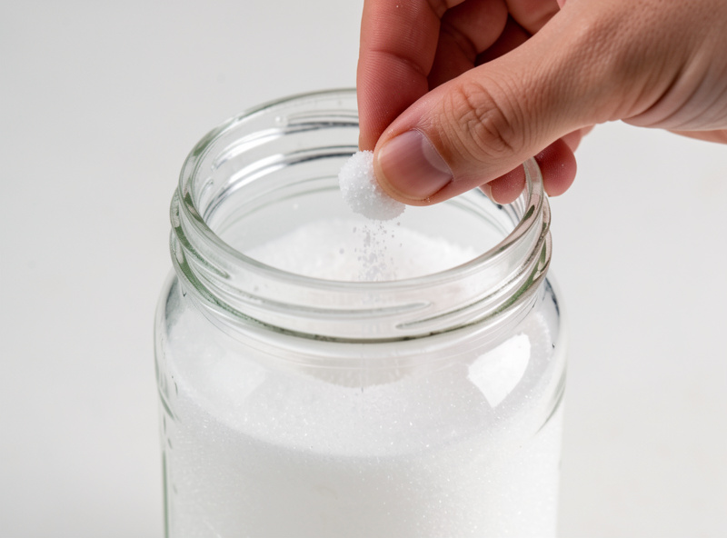 A pinch of mineral supplement being added to a jar of sugar water for water kefir